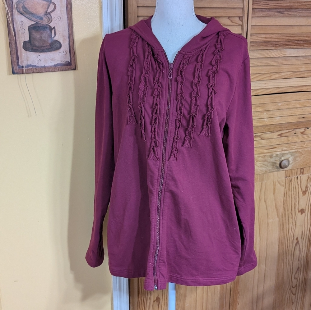 Sport Savvy Burgundy Wine Hooded Zip Jacket with Ruffle Detail XL